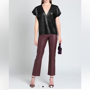 JS71 Faux Leather V-Neck Short Sleeve Top-Black-Size N/A